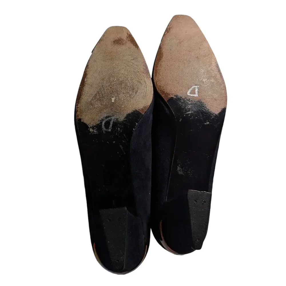 Vtg 1990s Stuart Weitzman Navy Suede Gold Metal Pointed Toe Low Heel Pumps 8